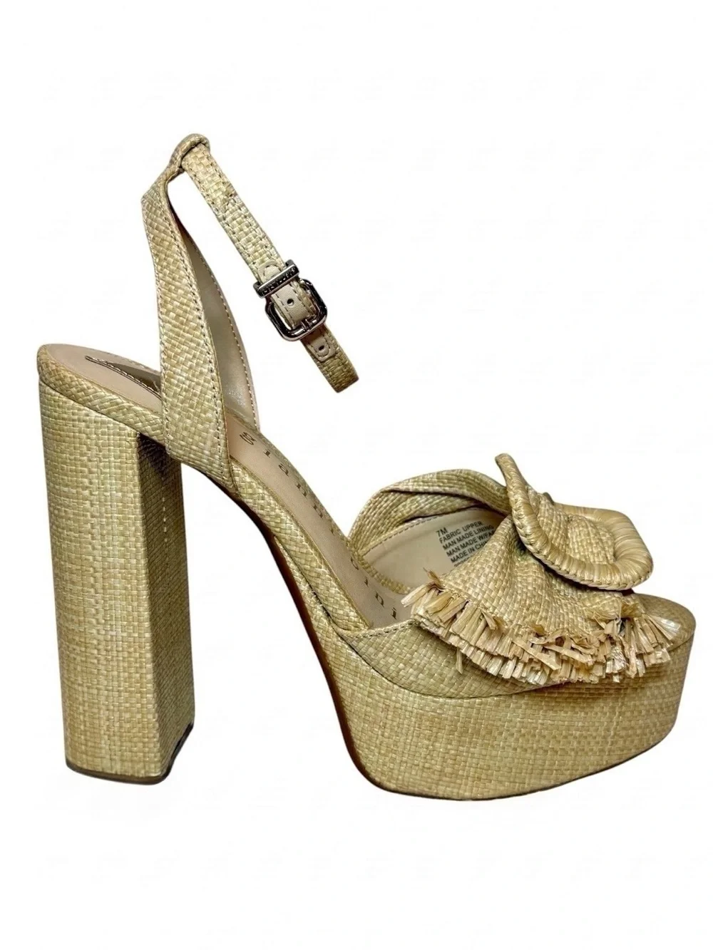 Gianni Bini Raffia Mismatched Buckle Platform Heels